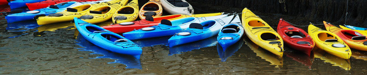 Many colorful kayaks tied up at shore